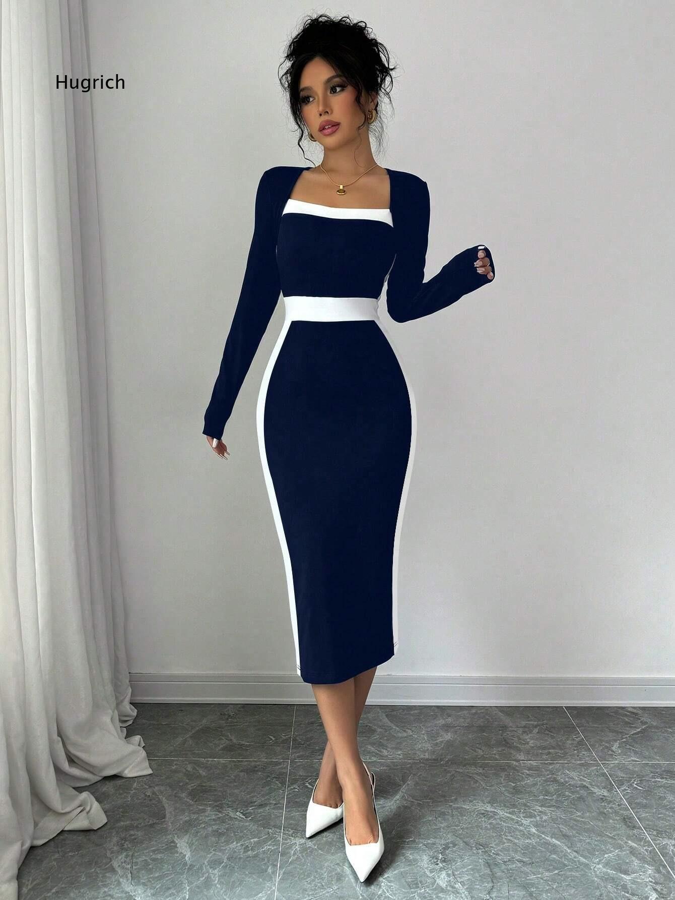 Women Formal Event Wear - Abito Midi Bodycon a Maniche Lunghe
